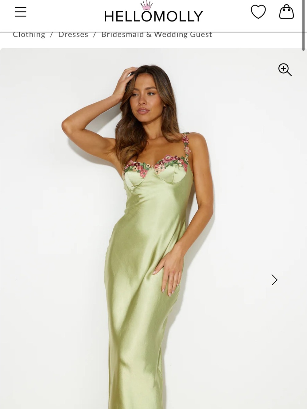 Hello Molly Sage Green Satin Slip Dress with Floral Trim